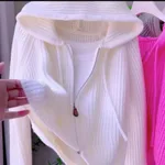 Short Hooded Knit Cardigan Women's Fall Winter Coat - White