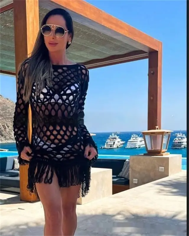 Beach Long Sleeve Pullover Tassel Mesh Blouse Black - Shop at LoveMi
