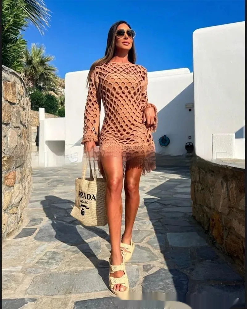 Beach Long Sleeve Pullover Tassel Mesh Blouse - Khaki