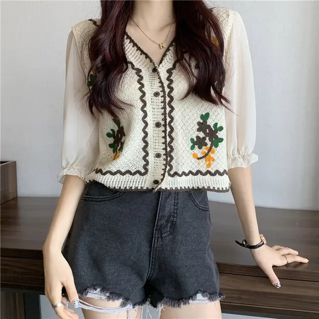 Women's French Embroidery Design Sense Cardigan Top Brown - Shop at LoveMi