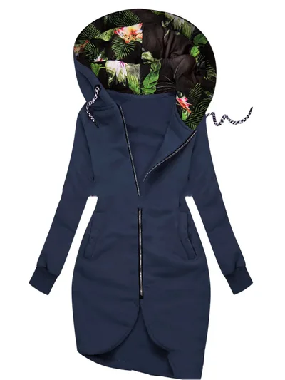 Autumn And Winter New Solid Color Stitching Drawstring Hooded Slim Fit Slimming Casual Coat Navy Blue - Shop at LoveMi