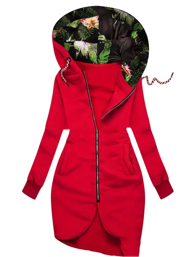 Autumn And Winter New Solid Color Stitching Drawstring Hooded Slim Fit Slimming Casual Coat Red - Shop at LoveMi