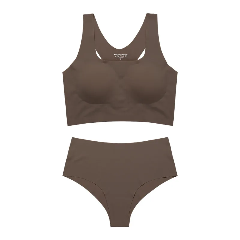 Women's Underwear Suit Plus Size Sports Without Steel Ring Push Up Removable Pad - Brown - View 1