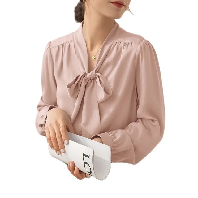 French Temperament Ribbon Bowknot Solid Color Business Shirt Pink - Shop at LoveMi