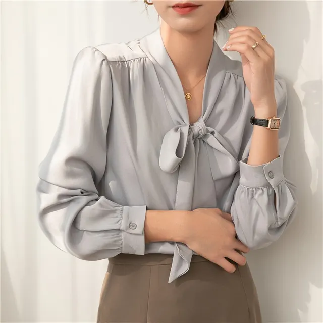 French Temperament Ribbon Bowknot Solid Color Business Shirt Silver Gray - Shop at LoveMi