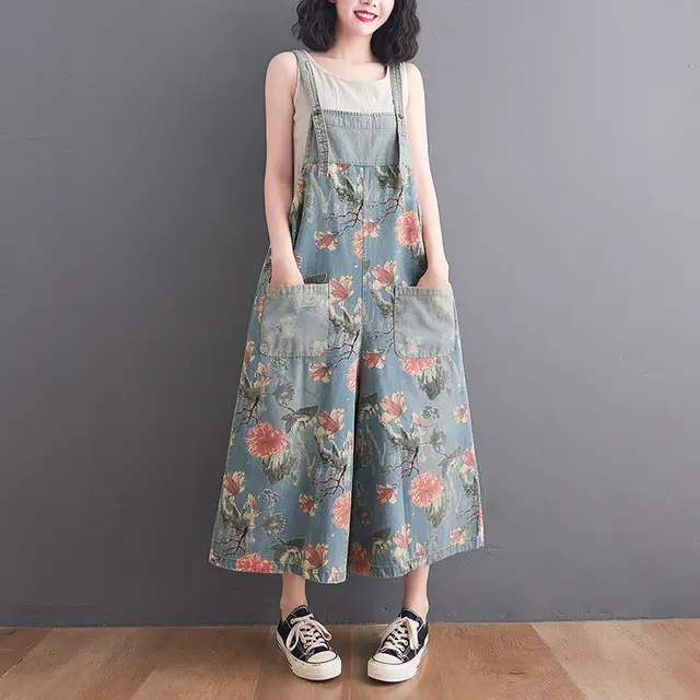 Korean Style Plus Size Fat Sister Printed Denim Wide Leg Suspender Pants Light Blue - Shop at LoveMi