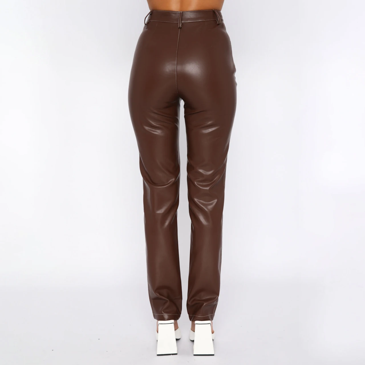 High Elasticity PU Leather Pants As A Base For Women - Brown
