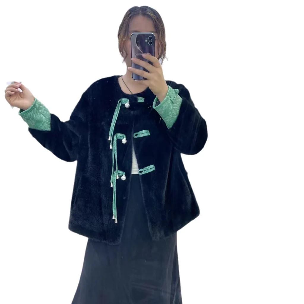 New Mink-like Wool Leather Fur Coat - Black