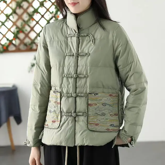 Women's Clothing Short Embroidery Down Jacket Women Bean Green - Shop at LoveMi
