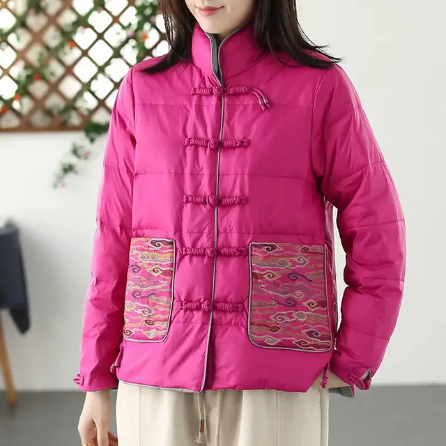 Women's Clothing Short Embroidery Down Jacket Women Rose Red - Shop at LoveMi