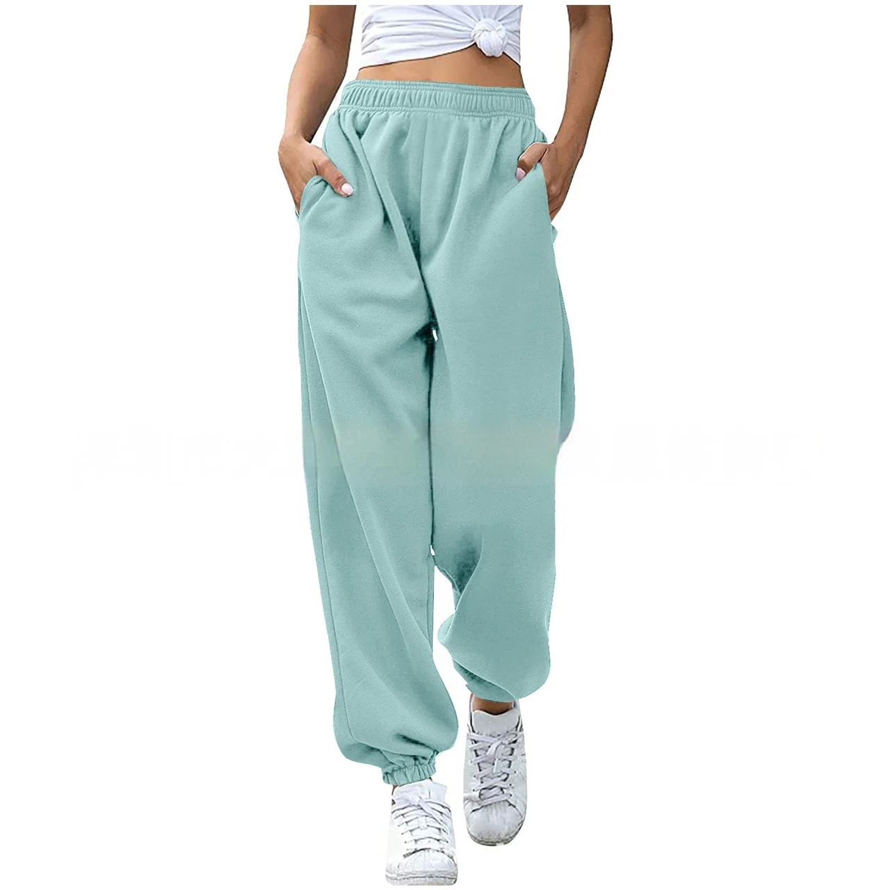 Women's Casual High Waisted Loose Sports Pants - Emerald