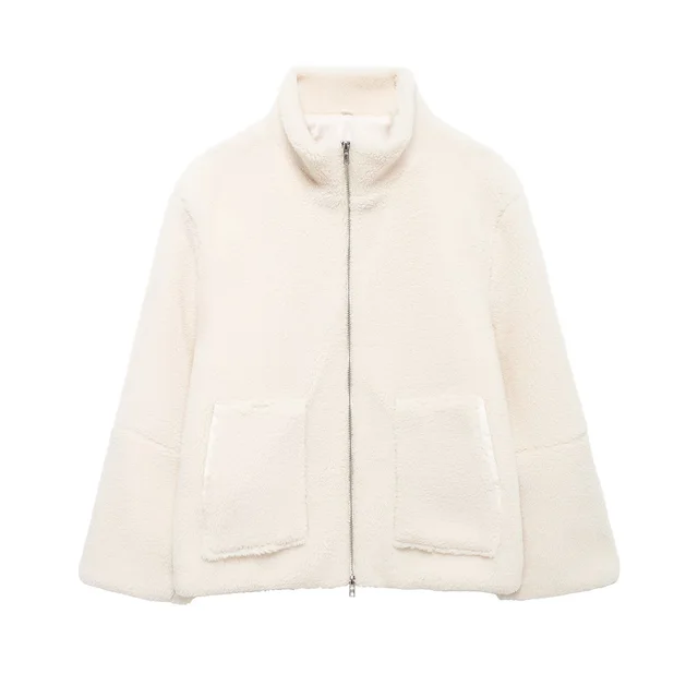 Women's Stand Collar Zipper Idle Style Lamb Wool Casual Cotton padded Clothes Coat Beige - Shop at LoveMi
