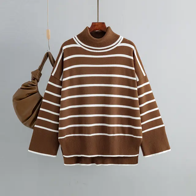 Loose Casual Contrast Color Striped Turtleneck Sweater Caramel Color - Shop at LoveMi