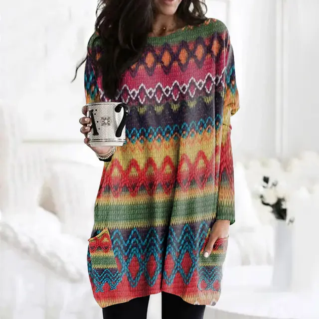 Round Neck Long Sleeve Stitching Casual Pocket Women's T shirt Tops Ksx4993 - Shop at LoveMi