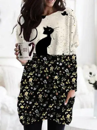 Round Neck Long Sleeve Stitching Casual Pocket Women's T-shirt Tops - Ksx5168