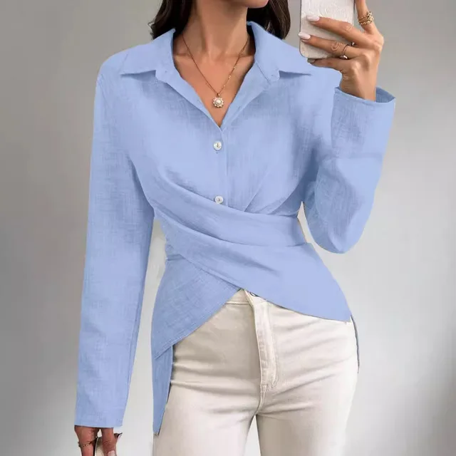 Women's Long sleeved Cross tied Pleated Shirt Blue - Shop at LoveMi