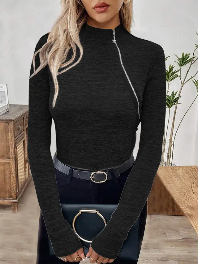 Turtleneck Oblique Zipper Long Sleeve Pullover Bottoming Shirt Black - Shop at LoveMi