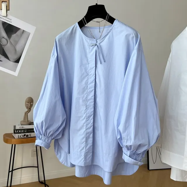Tassel Pleated Sleeve Shirt Women's Loose Top Blue - Shop at LoveMi