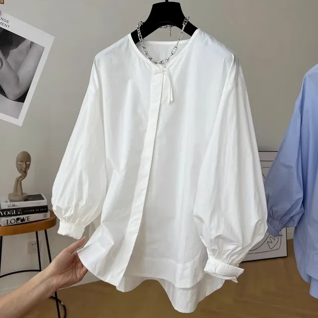 Tassel Pleated Sleeve Shirt Women's Loose Top White - Shop at LoveMi