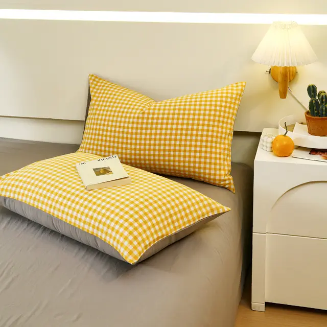 Washed Cotton Pillowcase Yarn dyed Double piece Types A And B Single Pillowcase Zhu Yu Yellow Grid - Shop at LoveMi
