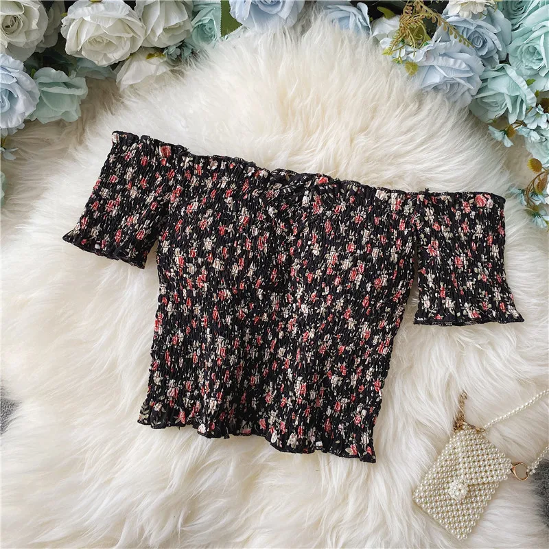 Sexy Floral Chiffon Shirt Short-sleeved Summer Western Style - Black Flower - View 1