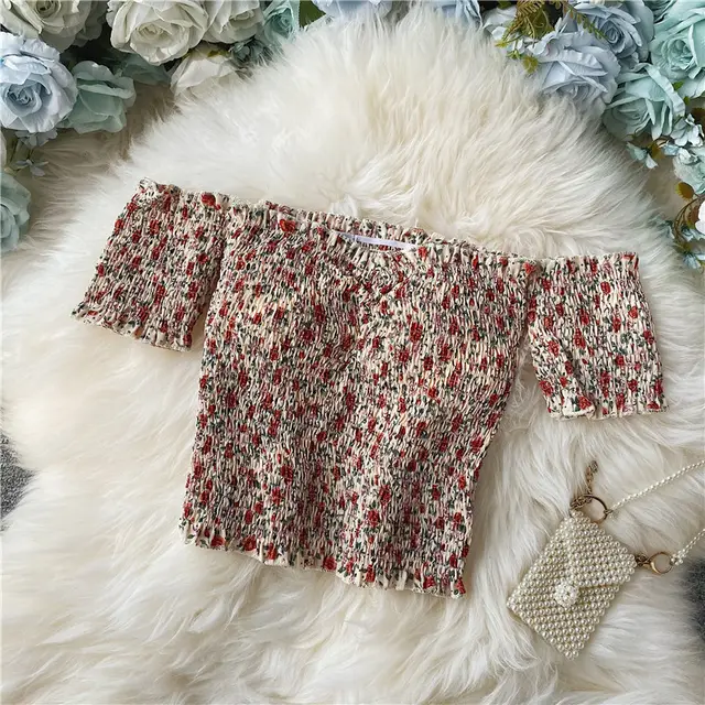 Sexy Floral Chiffon Shirt Short sleeved Summer Western Style White Flower - Shop at LoveMi