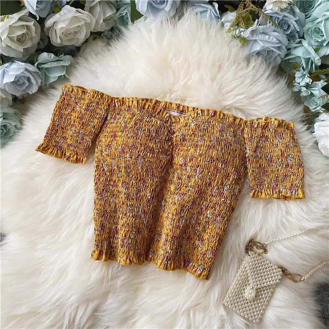 Sexy Floral Chiffon Shirt Short sleeved Summer Western Style Yellow Flower - Shop at LoveMi