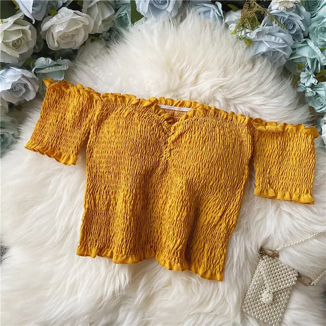 Sexy Floral Chiffon Shirt Short sleeved Summer Western Style Yellow - Shop at LoveMi