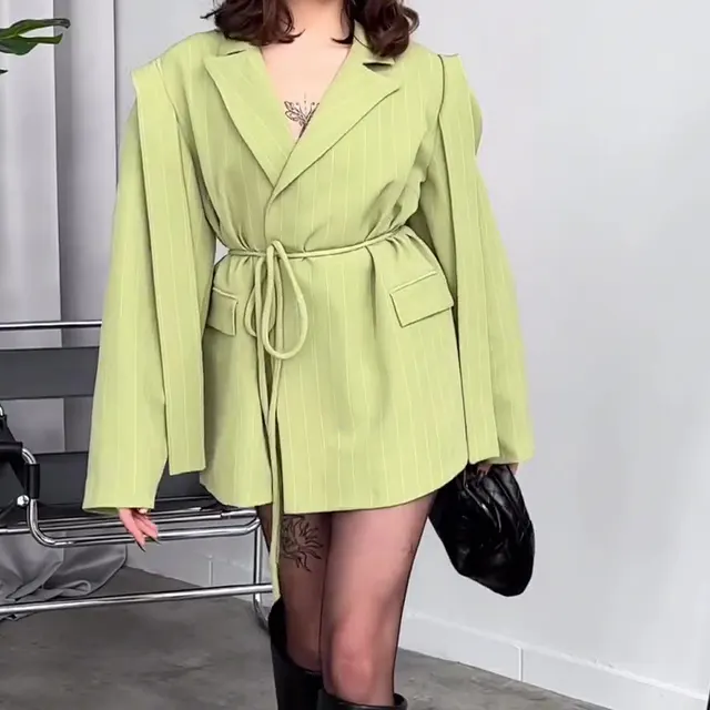 Solid Color Large Lapel Loose Lace up Suit Jacket Yellow Green - Shop at LoveMi