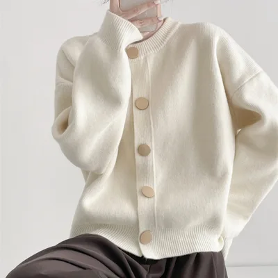 Round Neck Solid Color Loose Knitted Cardigan Women's Autumn And Winter White - Shop at LoveMi