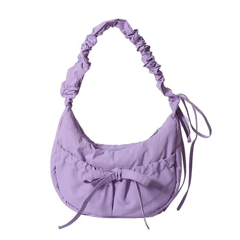 Temperament Wild Nylon Pleated Bow Girls' One shoulder Bag Purple - Shop at LoveMi