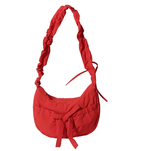 Temperament Wild Nylon Pleated Bow Girls' One shoulder Bag Red - Shop at LoveMi