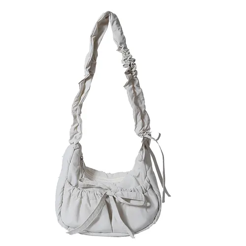 Temperament Wild Nylon Pleated Bow Girls' One shoulder Bag White - Shop at LoveMi