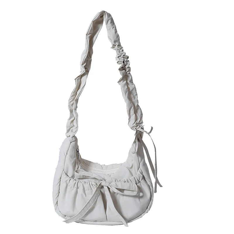 Temperament Wild Nylon Pleated Bow Girls' One-shoulder Bag - White - View 1