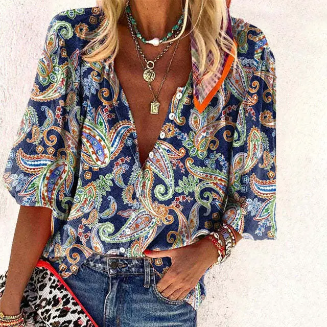 Bohemian Retro Geometric Print Colorful Spring And Autumn Women's Stand Collar Loose Shirt Style454 - Shop at LoveMi
