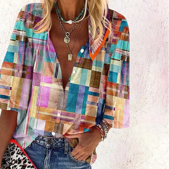 Bohemian Retro Geometric Print Colorful Spring And Autumn Women's Stand Collar Loose Shirt Style455 - Shop at LoveMi