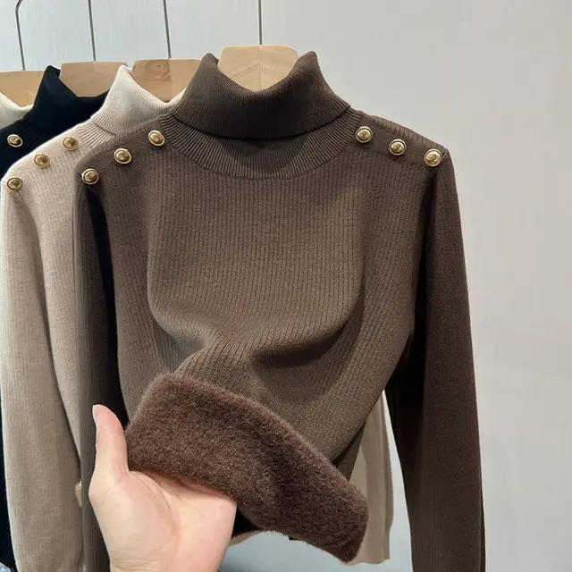 Single layer Fleece lined Micro Velvet Lined Turtleneck Bottoming Shirt Coffee Color - Shop at LoveMi