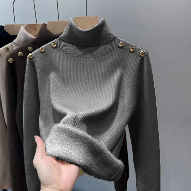 Single layer Fleece lined Micro Velvet Lined Turtleneck Bottoming Shirt Gray - Shop at LoveMi