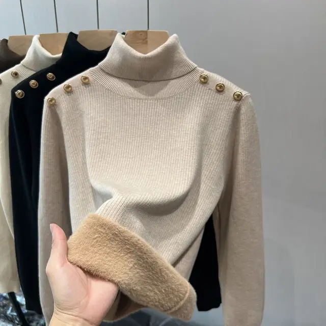 Single layer Fleece lined Micro Velvet Lined Turtleneck Bottoming Shirt Khaki - Shop at LoveMi