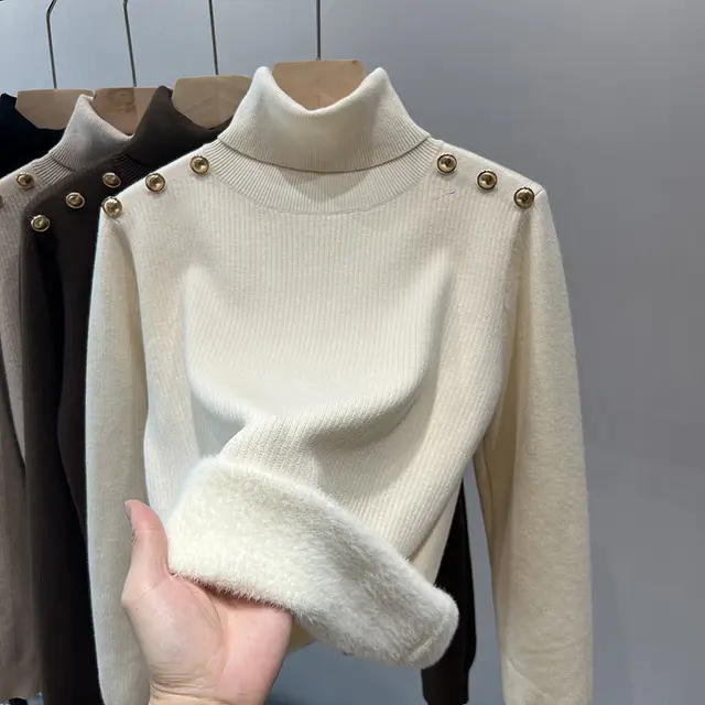 Single layer Fleece lined Micro Velvet Lined Turtleneck Bottoming Shirt White - Shop at LoveMi