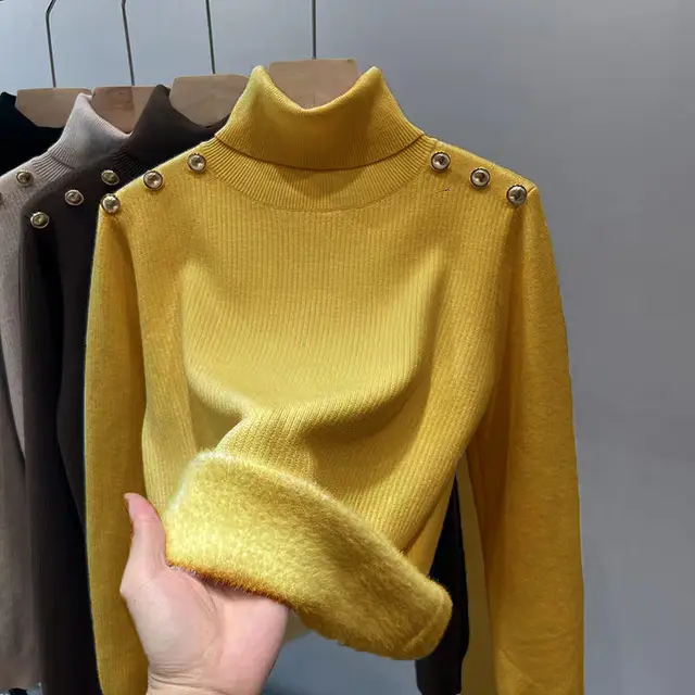 Single layer Fleece lined Micro Velvet Lined Turtleneck Bottoming Shirt Yellow - Shop at LoveMi
