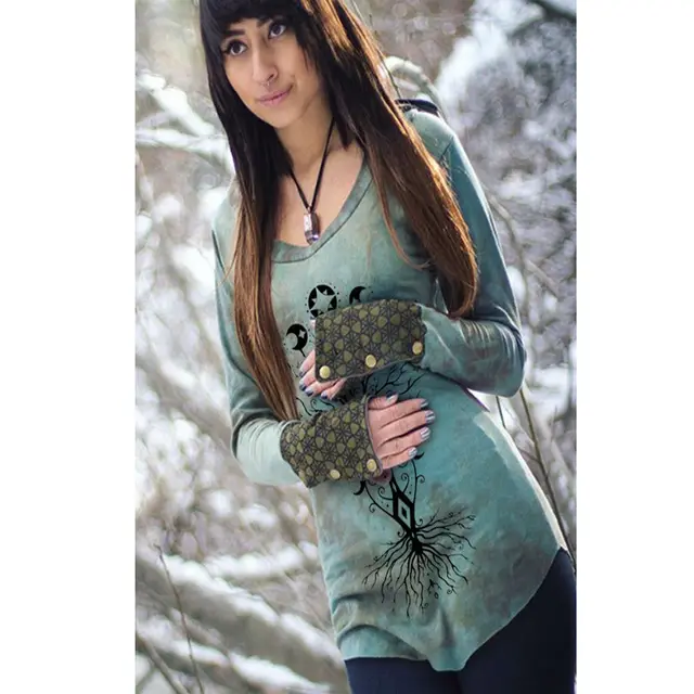 Women's Retro Tree Of Life Printed Long Sleeve Green - Shop at LoveMi