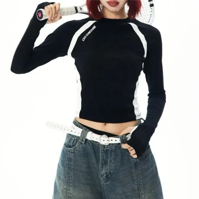 American Retro Short Printing Color Contrast Round Neck Long Sleeve Black Long Sleeve - Shop at LoveMi