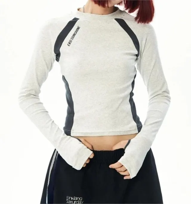 American Retro Short Printing Color Contrast Round Neck Long Sleeve Gray Long Sleeve - Shop at LoveMi
