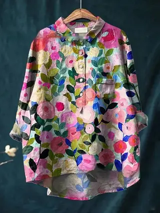 Loose Print Crew Neck Casual Plus Size Women's T-shirt - 7334Style