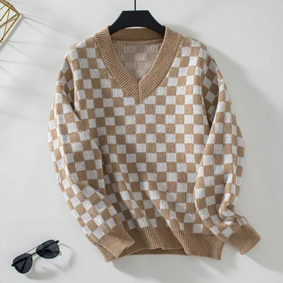 V neck Sweater Loose Pullover Chessboard Plaid Color Matching Sweater Khaki - Shop at LoveMi