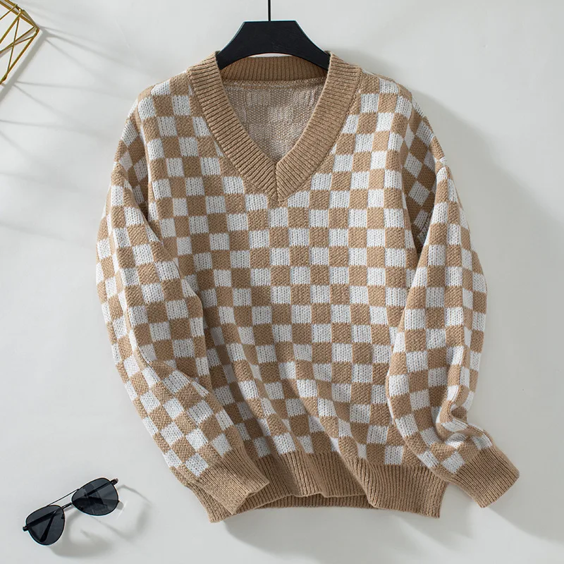 V-neck Sweater Loose Pullover Chessboard Plaid Color Matching Sweater - Khaki