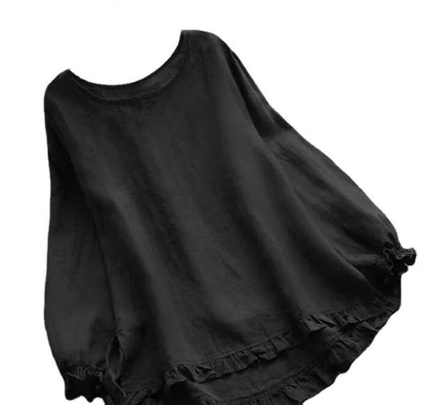 Long Sleeve Ruffled Bottom Cuff Loose fitting Women's Cotton Linen Solid Color Round Neck Shirt Black - Shop at LoveMi