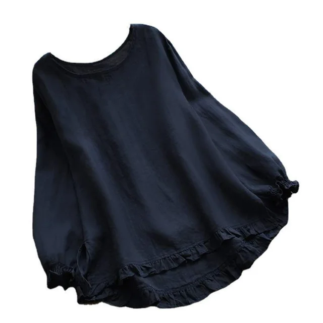 Long Sleeve Ruffled Bottom Cuff Loose fitting Women's Cotton Linen Solid Color Round Neck Shirt Navy Blue - Shop at LoveMi
