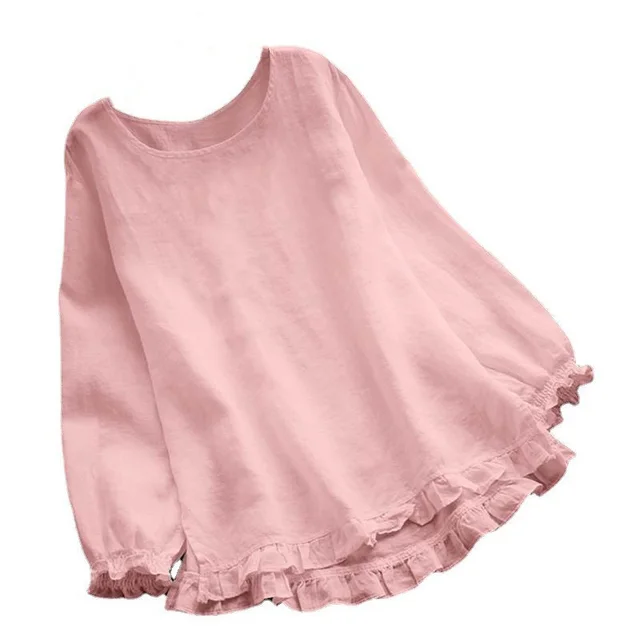 Long Sleeve Ruffled Bottom Cuff Loose fitting Women's Cotton Linen Solid Color Round Neck Shirt Pink - Shop at LoveMi